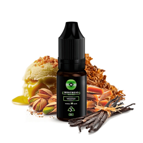 Montreal Velvet 10ml nicotine salts liquid, bottle with design in dark tones, accompanied by notes of soft tobacco that represent its flavor.