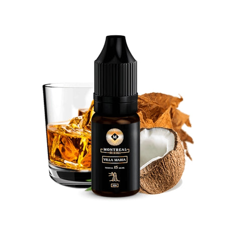 Montreal Villa Maria 10ml nicotine salts liquid, dark bottle with elegant design, accompanied by tobacco leaves, coconut and a whiskey-type drink glass that represent its flavor.