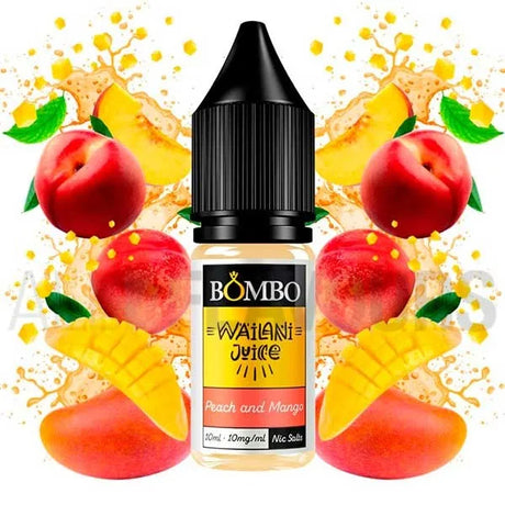 Botella de sales de nicotina Wailani by Bombo Peach and Mango de 10 ml con etiqueta en tonos naranjas y amarillos, junto a su caja, acompañada de melocotón y mango que evocan un sabor dulce y tropical.