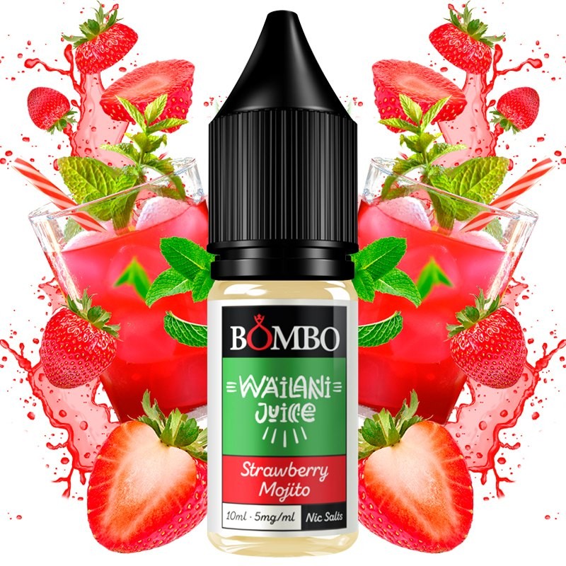 Wailani Juice by Bombo Strawberry Mojito Sels de Nicotine Flacon de 10 ml, au design tropical et coloré, représentant une saveur de mojito rafraîchissante avec de la fraise, du citron vert et une touche de menthe.