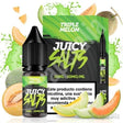 vaping liquid Juicy Salts Triple Melon 10ml, with a black bottle of nicotine salts accompanied by its box, design in green tones and melon fruits (cantaloupe, green melon) around.
