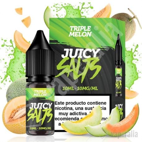 vaping liquid Juicy Salts Triple Melon 10ml, with a black bottle of nicotine salts accompanied by its box, design in green tones and melon fruits (cantaloupe, green melon) around.