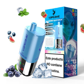 Vaper Desechable Sin Nicotina Vapeame en azul. 3 sabores ajustables: blueberry ice, menthol y watermelon ice.