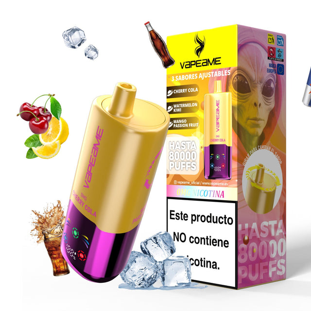 Sigaretta Elettronica Usa e Getta Senza nicotina Vapeame 3 in 1 giallo. 3 gusti regolabili: ciliegia cola, kiwi anguria, frutto della passione mango.