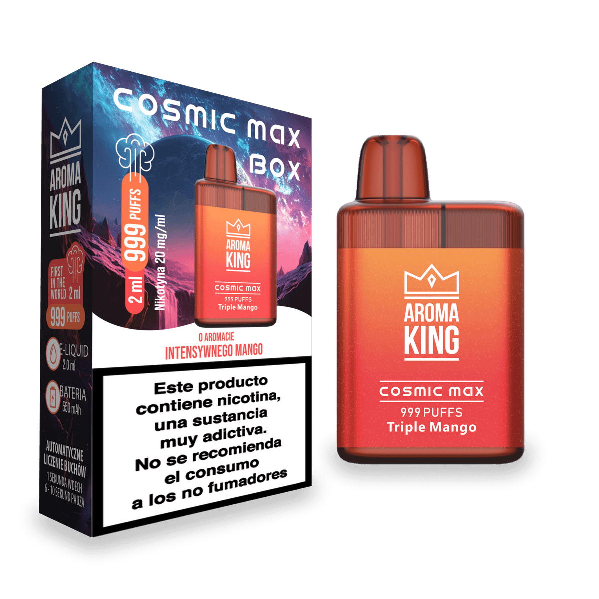 Vaper desechable Aroma King Cosmic Box Triple Mango 20 Mg, dispositivo compacto de 999 puffs con 2 ml de e-liquid sabor triple mango, diseño en color rojo degradado acompañado de su caja original.