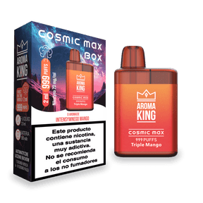 Vaper desechable Aroma King Cosmic Box Triple Mango 20 Mg, dispositivo compacto de 999 puffs con 2 ml de e-liquid sabor triple mango, diseño en color rojo degradado acompañado de su caja original.