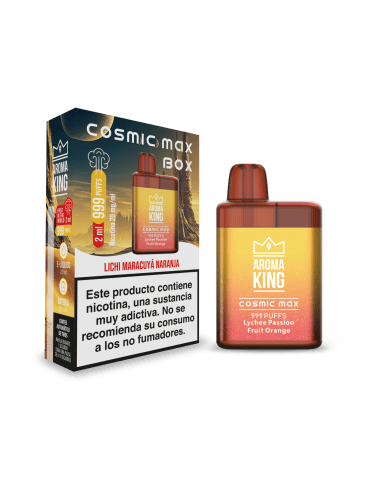Vaper desechable Aroma King Cosmic Max Lychee Passion Fruit Orange de 999 puffs y 2 ml, dispositivo compacto con diseño en degradado amarillo y rojo, acompañado de su caja original.