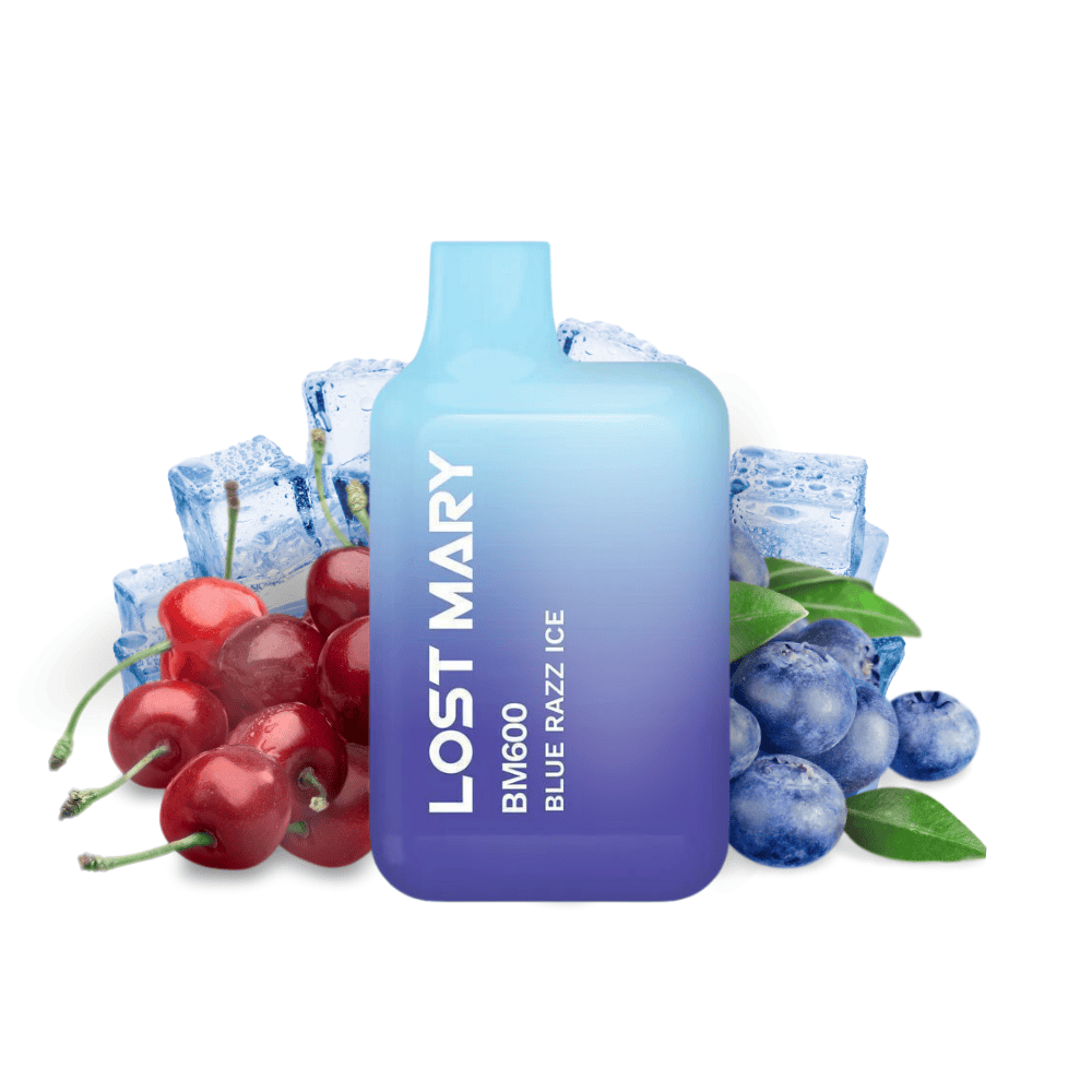 Sigaretta Elettronica Usa e Getta Lost Mary BM600 Blue Razz Cherry 20 mg/ml, dispositivo compatto con un massimo di 600 spruzzi ed e-liquid al gusto di lampone blu e ciliegia con un mix dolce e fruttato, design ergonomico con bocchino integrato e presentazione visiva ispirata ai frutti rossi che rappresentano il sapore del prodotto.