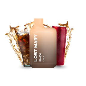 Vaper desechable Lost Mary BM600 Cola 20 mg/ml, dispositivo compacto con hasta 600 puffs y e-liquid sabor refresco de cola dulce, diseño ergonómico con boquilla integrada y presentación visual inspirada en bebida cola que representa el sabor del producto.
