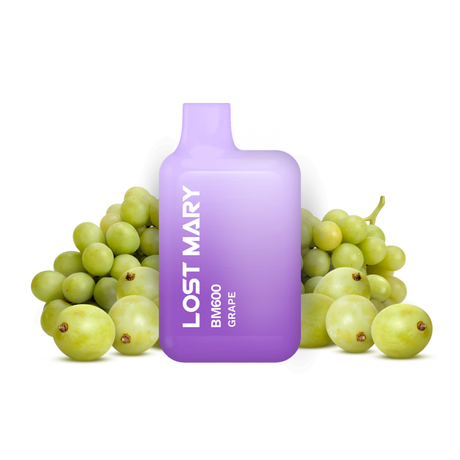 Disposable Vape Lost Mary BM600 Grape 20 mg/ml, compact device with up to 600 puffs and sweet and fruity grape flavor e-liquid, ergonomic design with integrated mouthpiece and visual presentation inspired by grapes that represent the flavor of the product.