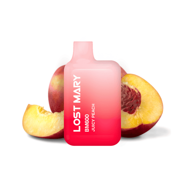 Sigaretta Elettronica Usa e Getta Lost Mary BM600 Juicy Peach 20 mg/ml, dispositivo compatto con un massimo di 600 spruzzi e succoso e-liquid al gusto di pesca con un profilo dolce e fruttato, design ergonomico con bocchino integrato e presentazione visiva ispirata alla pesca che rappresenta il sapore del prodotto.