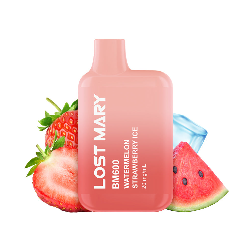 Sigaretta Elettronica Usa e Getta Lost Mary BM600 Strawberry Watermelon Ice 20 mg/ml, dispositivo compatto con un massimo di 600 spruzzi e mix di gusti e-liquid di fragola e anguria con un tocco rinfrescante di mentolo, design rosa con bocchino integrato e presentazione visiva con fragole, anguria e ghiaccio che rappresentano il sapore del prodotto.