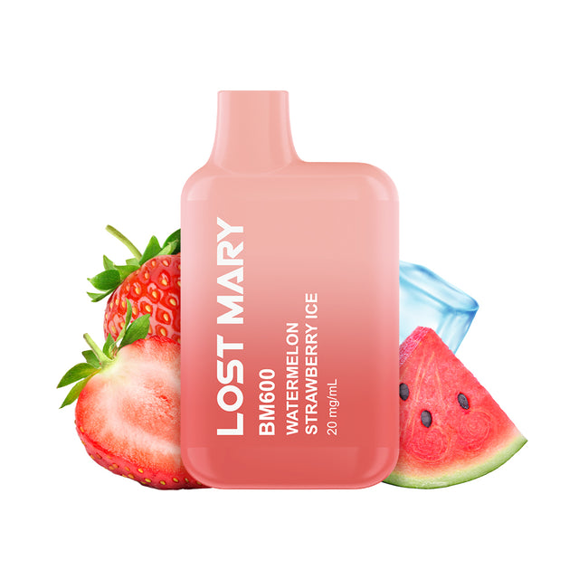 Sigaretta Elettronica Usa e Getta Lost Mary BM600 Strawberry Watermelon Ice 20 mg/ml, dispositivo compatto con un massimo di 600 spruzzi e mix di gusti e-liquid di fragola e anguria con un tocco rinfrescante di mentolo, design rosa con bocchino integrato e presentazione visiva con fragole, anguria e ghiaccio che rappresentano il sapore del prodotto.