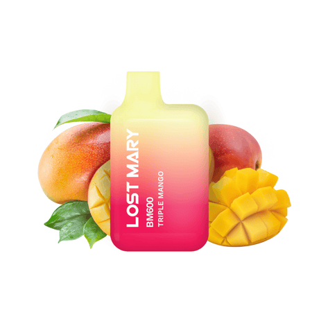 Vaper desechable Lost Mary BM600 Triple Mango 20 mg/ml, dispositivo compacto con hasta 600 puffs y e-liquid sabor mango tropical intenso, diseño ergonómico con boquilla integrada y presentación visual inspirada en mangos que representan el sabor del producto.