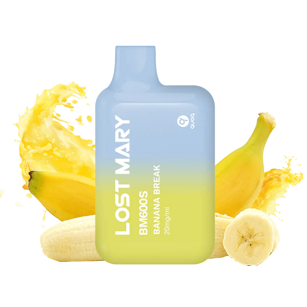 Sigaretta Elettronica Usa e Getta Lost Mary BM600s Banana Break 20 mg/ml, dispositivo compatto con un massimo di 600 spruzzi e e-liquid al gusto dolce di banana con profilo cremoso, design ergonomico con bocchino integrato e presentazione visiva ispirata alla banana che rappresenta il sapore del prodotto.