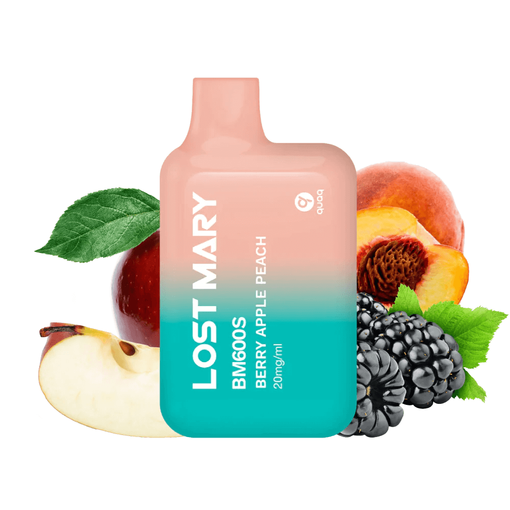 Sigaretta Elettronica Usa e Getta Lost Mary BM600s Berry Apple Peach 20 mg/ml, dispositivo compatto con un massimo di 600 spruzzi e mix di sapori e-liquid di frutti rossi, mela e pesca con profilo dolce e fruttato, design ergonomico con bocchino integrato e presentazione visiva ispirata ai frutti che rappresentano il sapore del prodotto.