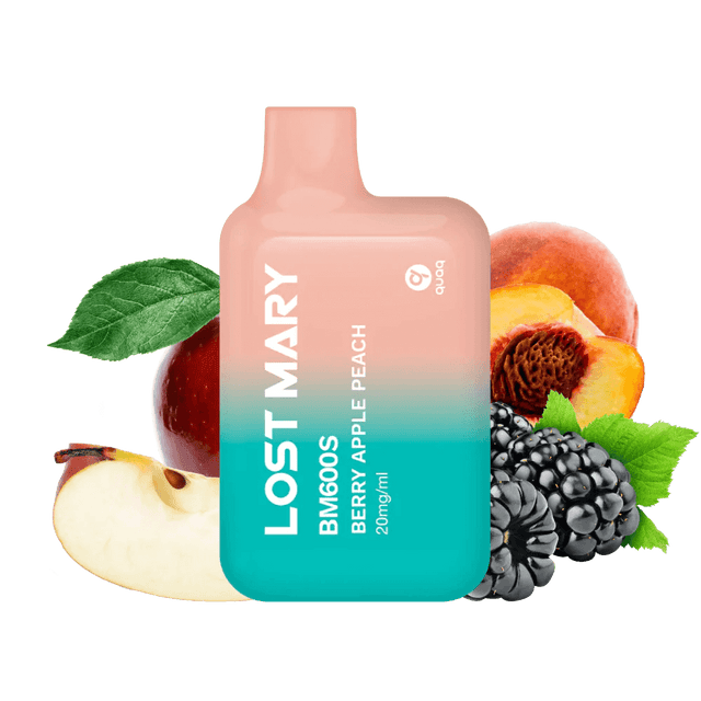 Sigaretta Elettronica Usa e Getta Lost Mary BM600s Berry Apple Peach 20 mg/ml, dispositivo compatto con un massimo di 600 spruzzi e mix di sapori e-liquid di frutti rossi, mela e pesca con profilo dolce e fruttato, design ergonomico con bocchino integrato e presentazione visiva ispirata ai frutti che rappresentano il sapore del prodotto.