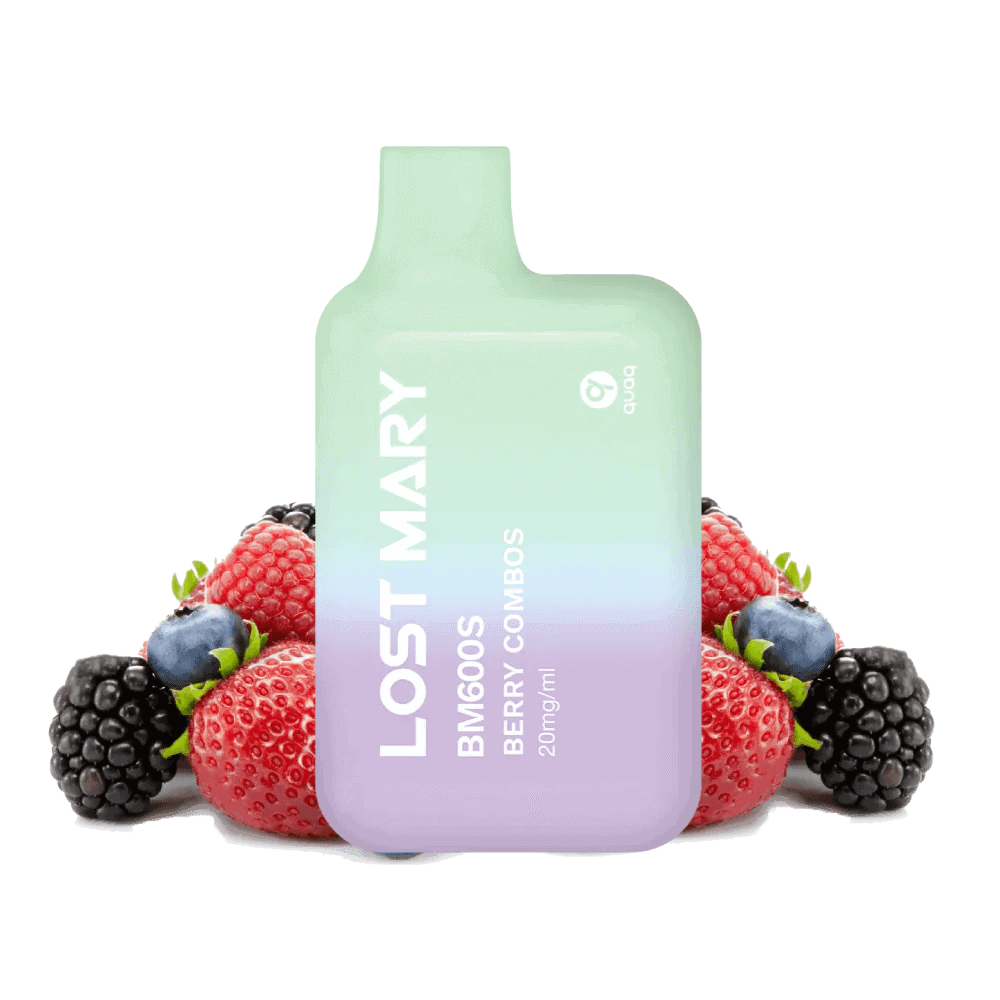 vapoteur jetable Lost Mary BM600s Berry Combos 20 mg/ml, appareil compact jusqu'à 600 bouffées et e-liquide saveur mélange de fruits rouges au profil sucré et fruité, design ergonomique avec embout intégré et présentation visuelle inspirée des baies qui représentent la saveur du produit.