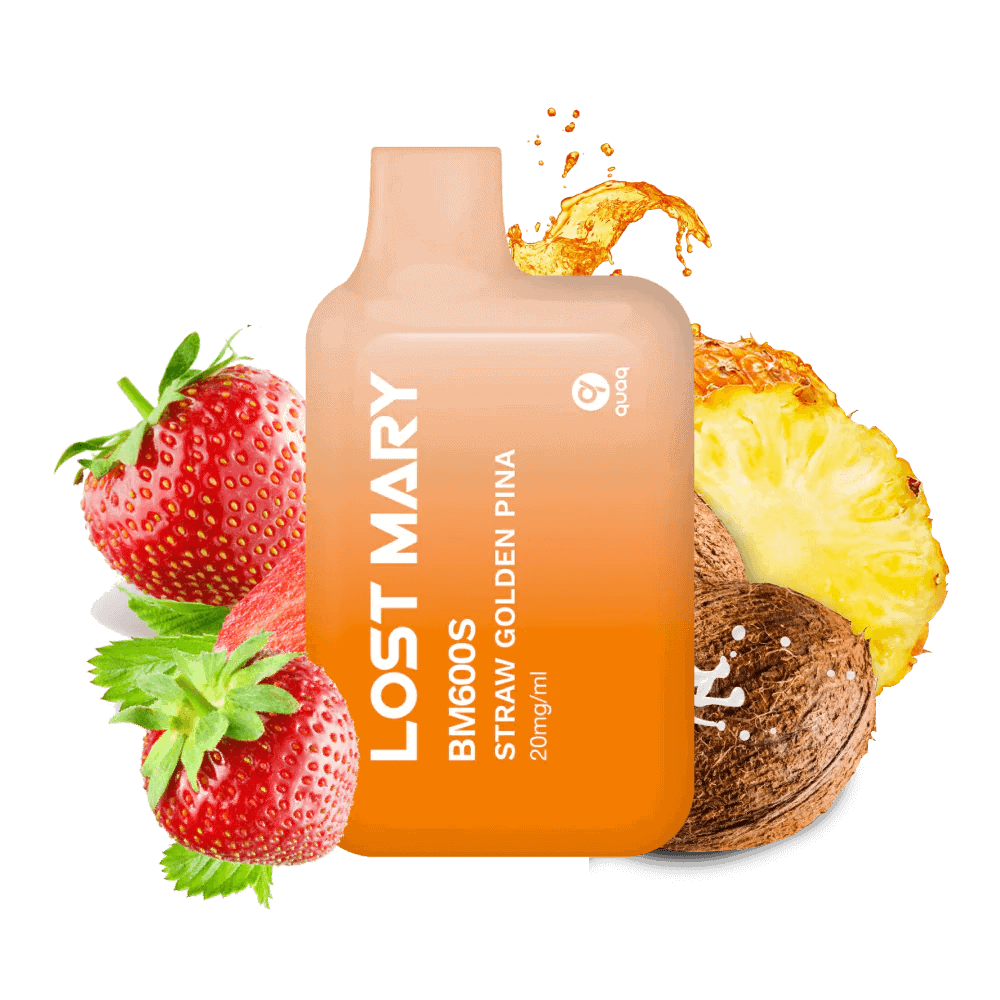 Sigaretta Elettronica Usa e Getta Lost Mary BM600s Straw Golden Pineapple 20 mg/ml, dispositivo compatto con un massimo di 600 spruzzi e mix di gusti e-liquid di fragola e ananas dorato con profilo dolce e tropicale, design ergonomico con bocchino integrato e presentazione visiva ispirata ai frutti che rappresentano il sapore del prodotto.