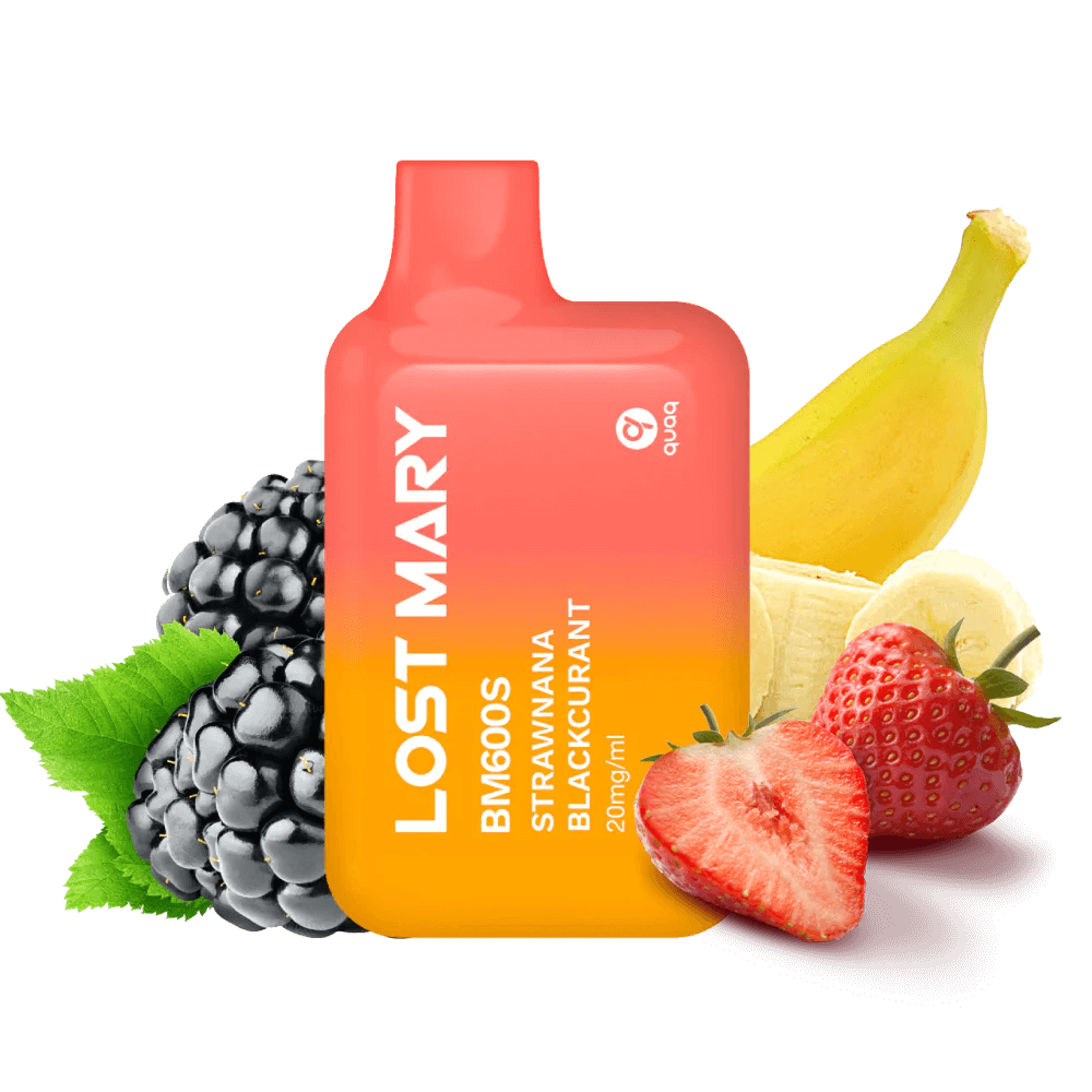 vapoteur jetable Lost Mary BM600s Strawnana Cassis 20 mg/ml, appareil compact jusqu'à 600 bouffées et e-liquide saveur mélange de fraise, banane et cassis au profil sucré et fruité, design ergonomique avec embout intégré et présentation visuelle inspirée des fruits qui représentent la saveur du produit.