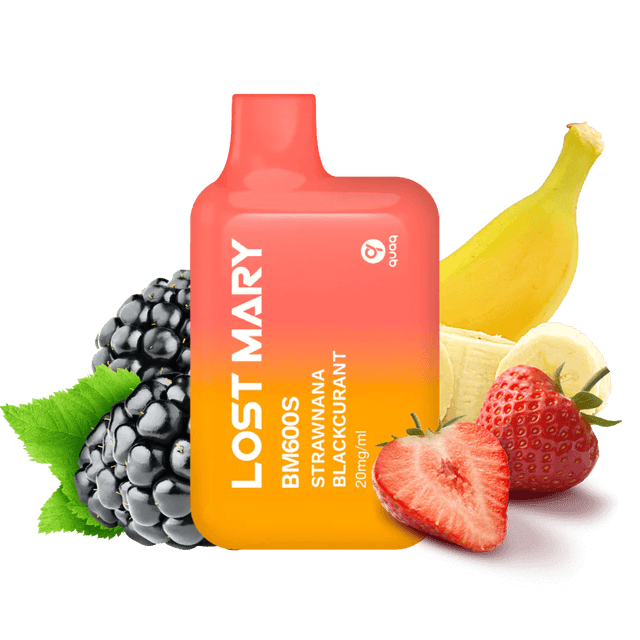 vapoteur jetable Lost Mary BM600s Strawnana Cassis 20 mg/ml, appareil compact jusqu'à 600 bouffées et e-liquide saveur mélange de fraise, banane et cassis au profil sucré et fruité, design ergonomique avec embout intégré et présentation visuelle inspirée des fruits qui représentent la saveur du produit.