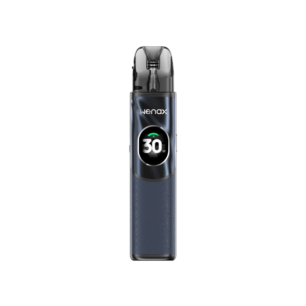 Vaper recargable Geekvape Wenax Q2 Pod Kit en color azul marino con diseño compacto, pantalla frontal circular que muestra potencia y cartucho transparente superior con boquilla integrada.