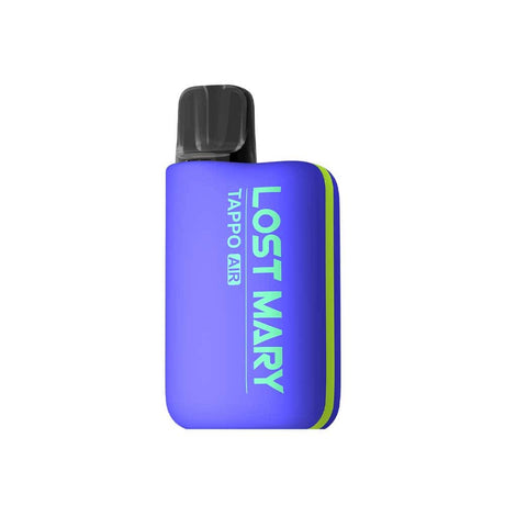 Vaper recargable Lost Mary Tappo Air Lemon Lime, dispositivo tipo pod compacto con batería recargable y sistema de cápsulas intercambiables, sabor mezcla de limón y lima con perfil cítrico y refrescante, diseño ergonómico en color azul con detalles verdes y boquilla integrada en formato portátil fácil de usar.