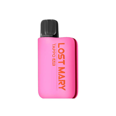 Vaper recargable Lost Mary Tappo Air Strawberry Ice, dispositivo tipo pod compacto con batería recargable y sistema de cápsulas intercambiables, sabor fresa con toque mentolado refrescante, diseño ergonómico en color rosa con boquilla integrada y formato portátil fácil de usar.