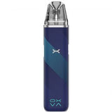 Vaper recargable Oxva Xlim Go Pod Kit en color azul con acabado texturizado, diseño compacto sin pantalla visible y boquilla transparente en la parte superior.