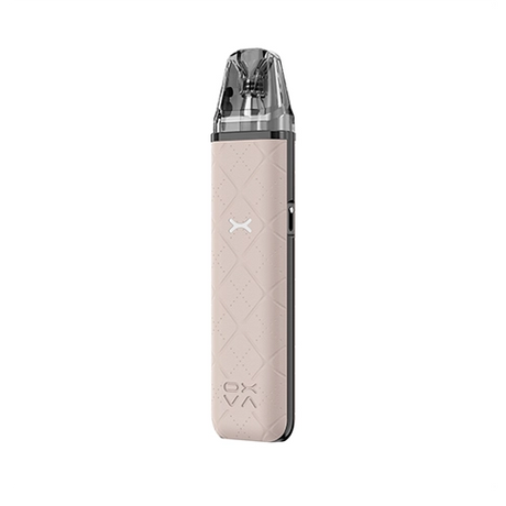 Vaper recargable Oxva Xlim Go Pod Kit en color beige con acabado texturizado, diseño compacto sin pantalla visible y boquilla transparente en la parte superior.