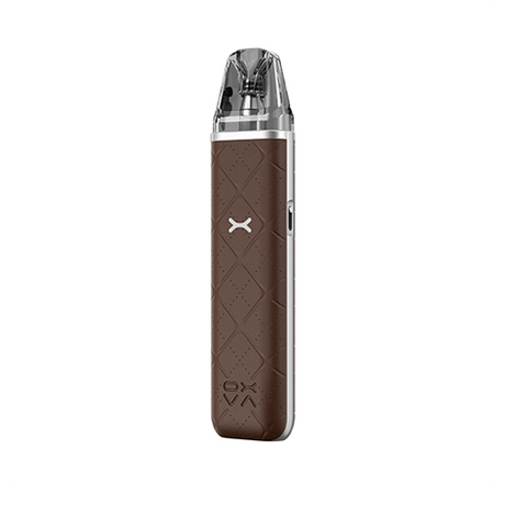Vaper recargable Oxva Xlim Go Pod Kit en color marrón con acabado texturizado, diseño compacto sin pantalla visible y boquilla transparente en la parte superior.
