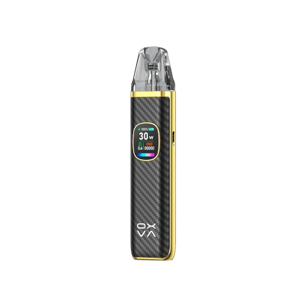 Vaper recargable Oxva Xlim Pro 2 Pod Kit con acabado negro tipo fibra de carbono y marco dorado, pantalla frontal circular con indicadores de potencia y batería, y boquilla transparente en la parte superior.