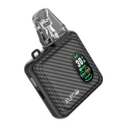 Rechargeable vape Oxva Xlim SQ Pro with black carbon fiber finish, front circular screen with power and resistance indicators, and inclined transparent mouthpiece at the top.