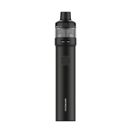 Vaper recargable Vaporesso GTX GO80 en color negro con diseño cilíndrico tipo tubo, botón central, depósito transparente superior y boquilla negra integrada.