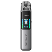 Rechargeable vape Voopoo Argus G2, with a compact design in metallic gray, 0.96-inch color front screen that shows power, battery and modes of use, and transparent top cartridge with easy refill system.