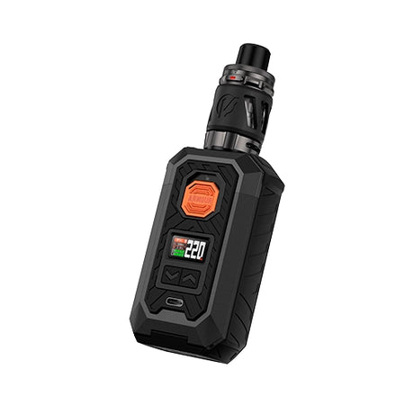 Vaper recargable Vaporesso Armour Max Kit en color negro con diseño robusto tipo mod, pantalla frontal digital, botón central naranja y tanque superior con boquilla negra.