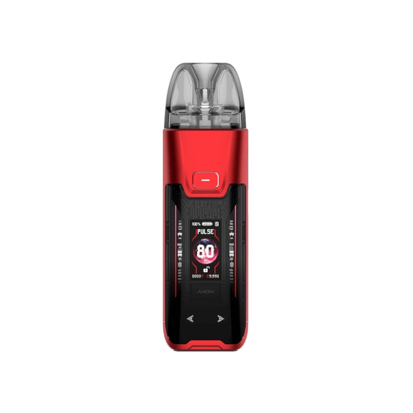 Vaper recargable Vaporesso Luxe XR Max 2 Pod Kit en color rojo y negro, con pantalla frontal a color que muestra potencia y modo de uso, botón superior y cartucho transparente en la parte superior.