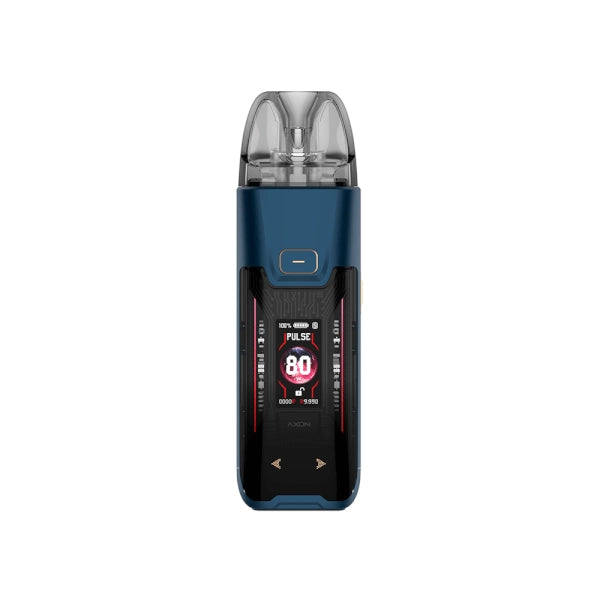 Vaper recargable Vaporesso Luxe XR Max 2 Pod Kit en color azul marino y negro, con pantalla frontal a color que muestra potencia y modo de uso, botón superior y cartucho transparente en la parte superior.