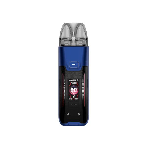 Vaper recargable Vaporesso Luxe XR Max 2 Pod Kit en color azul y negro, con pantalla frontal a color que muestra potencia y modo de uso, botón superior y cartucho transparente en la parte superior.