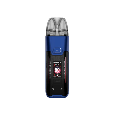Vaper recargable Vaporesso Luxe XR Max 2 Pod Kit en color azul y negro, con pantalla frontal a color que muestra potencia y modo de uso, botón superior y cartucho transparente en la parte superior.