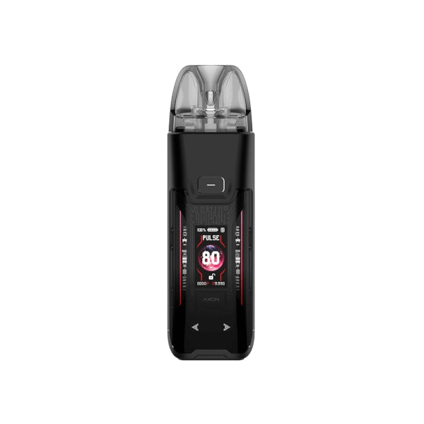 Vaper recargable Vaporesso Luxe XR Max 2 Pod Kit en color negro, con pantalla frontal a color que muestra potencia y modo de uso, botón superior y cartucho transparente en la parte superior.