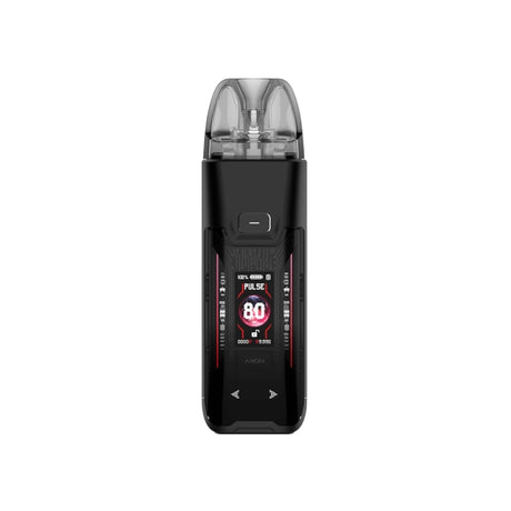 Vaper recargable Vaporesso Luxe XR Max 2 Pod Kit en color negro, con pantalla frontal a color que muestra potencia y modo de uso, botón superior y cartucho transparente en la parte superior.