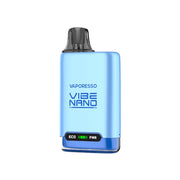 vapoteur rechargeable Vaporesso Kit Vibe Nano Pod en bleu avec un design compact, un indicateur frontal ECO et PWR et une cartouche supérieure avec embout noir intégré.
