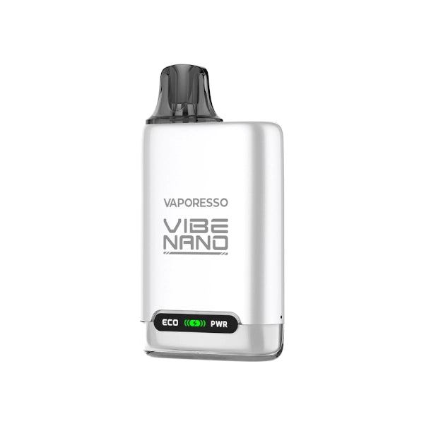 Rechargeable vape Vaporesso Vibe Nano Pod Kit in white with compact design, front ECO and PWR indicator, and top cartridge with integrated black mouthpiece.