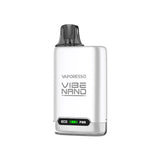 Rechargeable vape Vaporesso Vibe Nano Pod Kit in white with compact design, front ECO and PWR indicator, and top cartridge with integrated black mouthpiece.