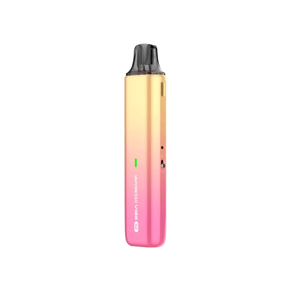 vapoteur rechargeable Vaporesso Kit Pod Vibe SE en orange dégradé avec un design compact de type stick, un indicateur LED avant, un réservoir supérieur transparent et un embout noir intégré.