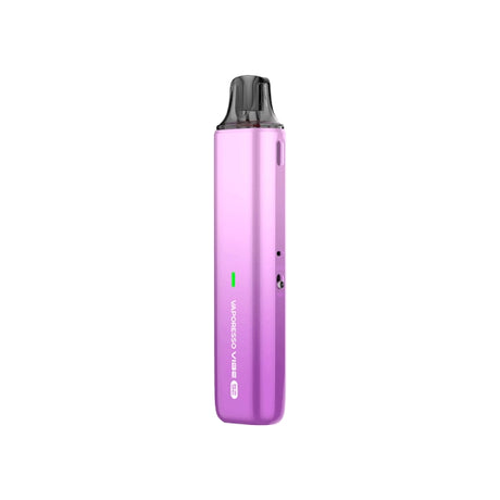Vaper recargable Vaporesso Vibe SE Pod Kit en color púrpura con diseño compacto tipo stick, indicador LED frontal, depósito transparente superior y boquilla negra integrada.