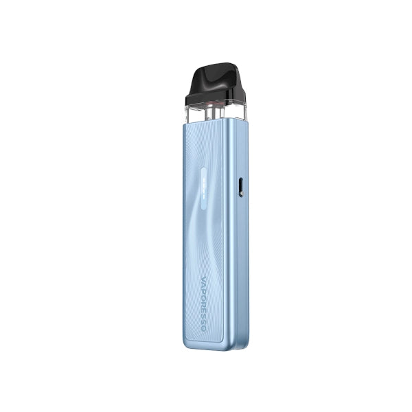 Rechargeable vape Vaporesso Xros 5 Mini Pod Kit in light blue with compact stick-type design, textured finish, transparent cartridge top and integrated black mouthpiece.