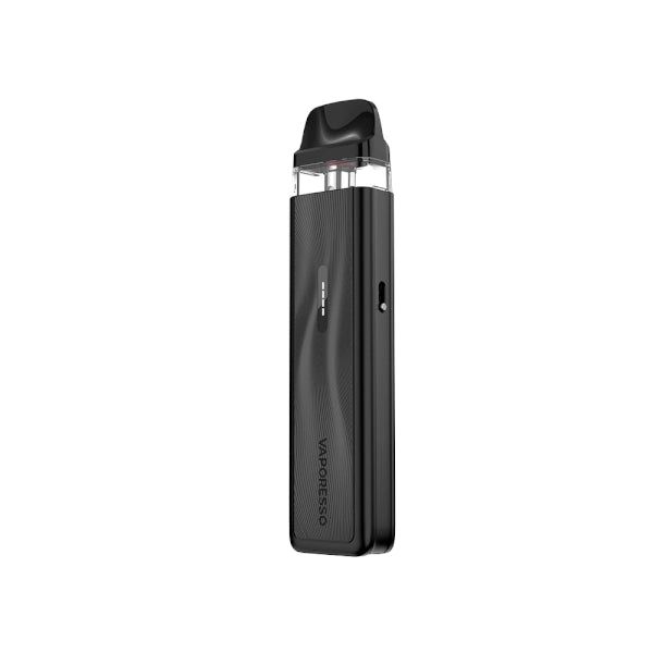 Rechargeable vape Vaporesso Xros 5 Mini Pod Kit in black with compact stick-type design, textured finish, top transparent cartridge and integrated black mouthpiece.