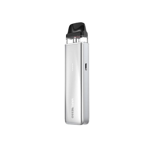 Rechargeable vape Vaporesso Xros 5 Mini Pod Kit in silver with compact stick-type design, textured finish, transparent cartridge top and integrated black mouthpiece.